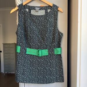 Ann Taylor Silk Blend Textured Black Green Belted Sleeveless Layering Top Sz 10